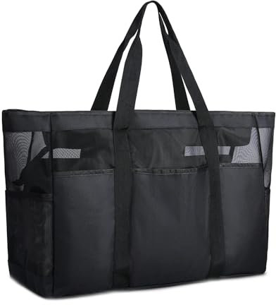 Mesh Strandtasche XXL Familie,Strandtasche Familie mit Reißverschluss Strandtasche Damen Groß Mesh Beach Bag Shopper Faltbare Schultertaschen Badetasche für Strand Reise Spielzeugaufbewahrung Schwarz