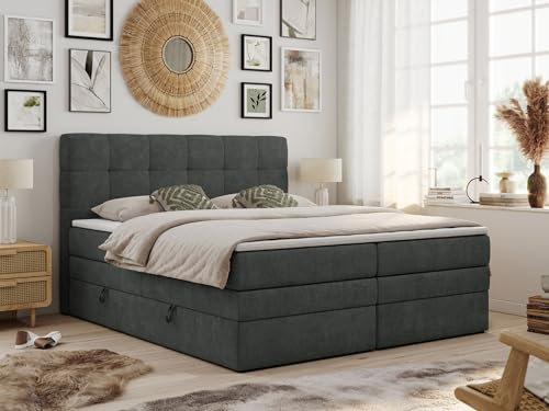 MKS MEBLE King Boxspringbett 180x200 Grau, Polsterbett Mit Bettkasten, Multipocket-Matratze H4, Kopfteil und Topper - Dunkelgrau Struktur - Luka