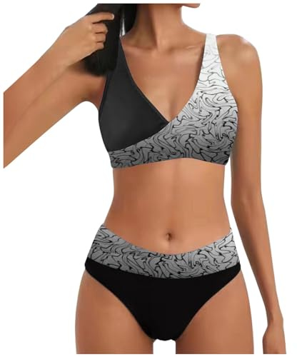 Allegorly Damen Bikini Set Triangel Breites Unterbrustband Zweiteiliger Badeanzug Wickeloptik Lace Up Bikini V Ausschnitt Blumenmuster Zweiteiliger Badeanzug Swimsuit (1A-White, M)