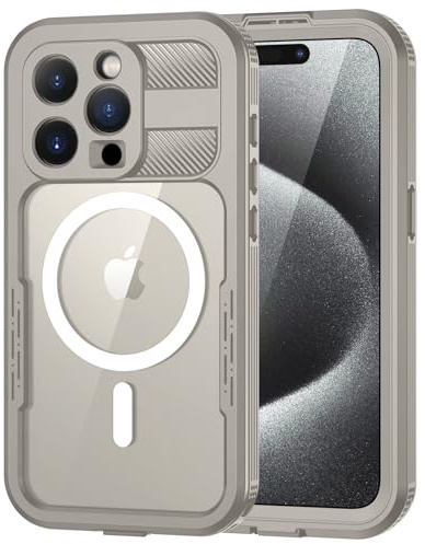 Lanhiem for iPhone 15 Pro Max Waterproof Case, [Compatible with MagSafe] Heavy Duty Shockproof Dustproof Cover with Screen Protector, Front and Back Magnetic Case for 15 Pro Max - 6.7 inch (Nature)