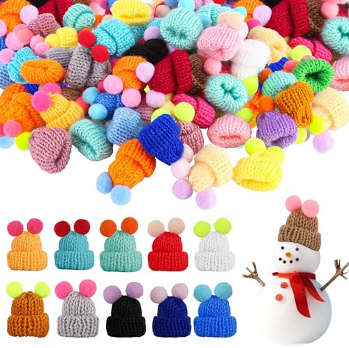 jwogngls 60 Stück Mini Hüte Strickmützen, Cute Mini Strickmützen, Mini Wollmützen mit simulierten Augen, Mützen für Sorgenwürmchen für Bastelarbeiten Weihnachtsdekorationen (Gemischte Farben)