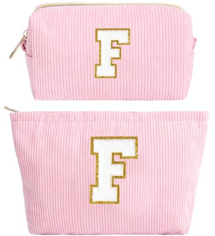 2 Stück Initialen Make-up-Tasche, Cord-Kosmetiktasche Organizer, Reise Kulturbeutel mit Reißverschluss, Tragbare Schminktasche Damen, Geschenke für Frauen Freundinnen Braut Brautjungfern(Rosa F)