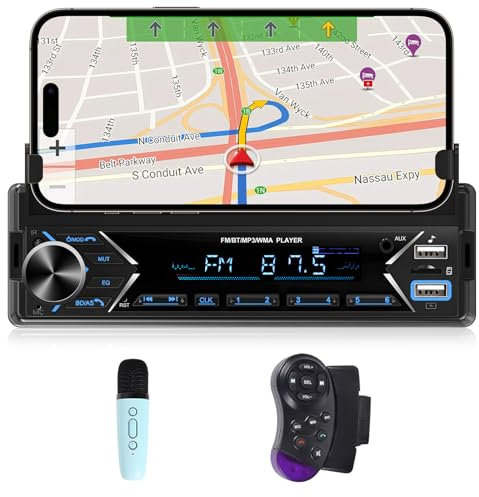 NHOPEEW 1 DIN Autoradio con Bluetooth - Reproductor MP3 Soporte para teléfono - Doble Puerto USB/Tarjeta TF/Radio FM/Entrada AUX/Control del Volante/Botón de Luces + Micrófono inalámbrico