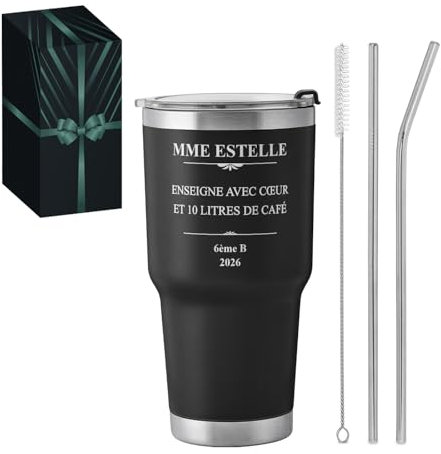 Maverton Mug Isotherme Personnalisable Noir en Acier Inoxydable 800 ml - Mug Personnalisé Maitresse avec 2 Pailles et Brosse - Cadeau Maitresse d'École fin d'année - Cadeau Prof Institutrice