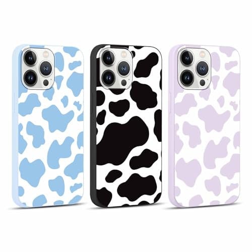 RUMDEY 3 Pack Cute Cow Print Girls Woman Phone Case for Apple iPhone 13 Pro 6.1 inches, Matte Soft Slim Shockproof TPU Bumper Cover for iPhone 13 Pro with Design, Blue&Purple&Black