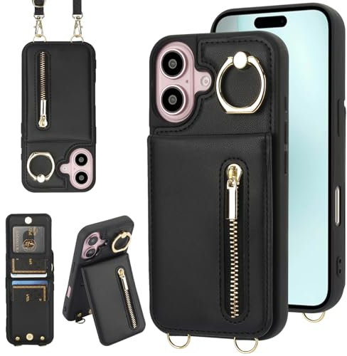 Jcxtrombulous Hülle für iPhone 16 Plus Hülle Stoßfeste Handyhülle mit Verstellbarer Halskette RFID Reißverschluss Geldbörse Etui mit Kartenfach mit Band Ring Ständer Case für Frauen-Schwarz