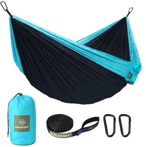 OLALACOZY Camping-Hängematte, Camping-Essentials, leichte, tragbare Doppel- und Einzel-Hängematte mit Baumgurten, Campingausrüstung für draußen, Wandern, Camping, Strand, Rucksack, Reisen, Blau und