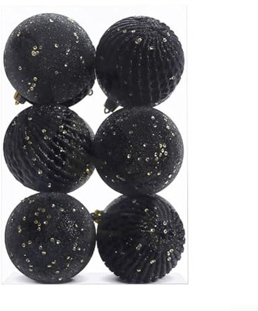 Zoegneer 6 Stück 8 cm Weihnachtskugeln Ornamente Pailletten bemalte Weihnachtskugel-Set für Weihnachtsbaum bruchsicher hängende Kugel Ornament Set (schwarz)