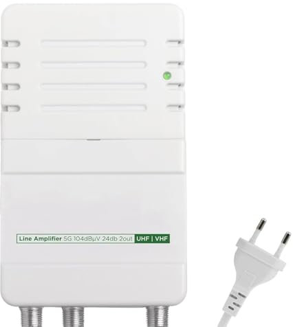 TECHZOCO Amplificador mastil UHF/VHF, Incorpora protección 4G y 5G Seleccionable Mediante conmutador, Adaptado al 2º Dividendo Digital, 12-24db Ajustable, 104dBmV, Filtro 5G LTE, 1entrada 2 Salidas