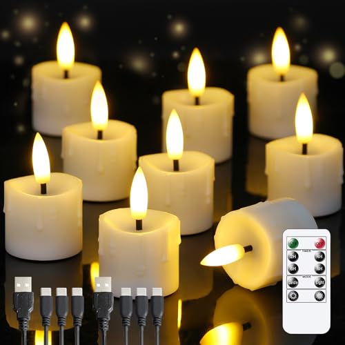 Yeelida Wiederaufladbare Flammenlose 4cm x6.5cm LED Kerzen mit Fernbedienung & Typ-C Ladekabel, Timerfunktion Flackerndes Weiß Plastik Packung mit 9 kleinen Kerzen