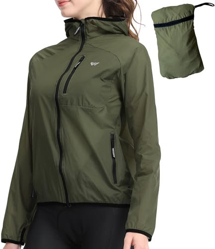 Wulibike Fahrradjacke Damen Faltbare Regenjacke Leicht und Atmungsaktiv Laufjacke Reflektierende Windbreaker für Radfahren,Trekking und Outdoor Olivegreen A3=M