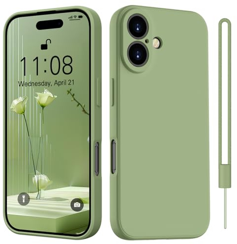 HGH für iPhone 16 Hülle Silikon mit Lanyard, Handyhülle für iPhone 16 Dünn Rundumschutz mit Microfiber-Innenfutter Kratzfest Schutzhülle Cover Hülle für iPhone 16 6.1 Grasgrün
