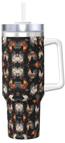 Taza aislada al vacío de acero inoxidable con estampado de gallos franceses de 40 onzas con asa y pajita, portátil para bebidas frías y calientes