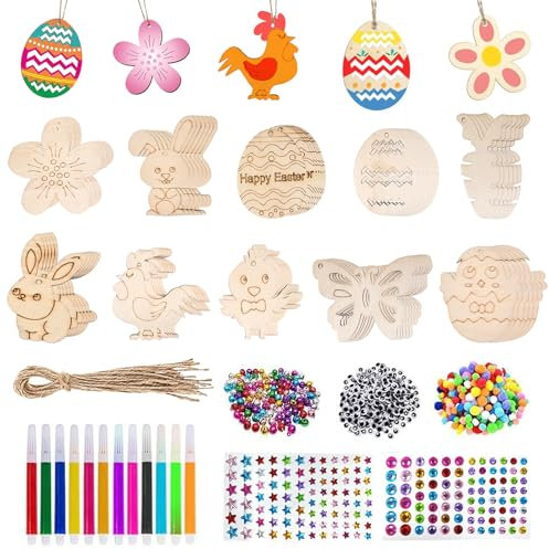 Qooloo Holzanhänger Ostern Zum Bemalen, 264 Stück Ostern Basteln Kinder,Osterdeko Basteln Kinder,Osteranhänger Holz,Bastelset Ostern Kinder,Mit Aquarellstift,Strass,Deko Schnur, Augen Zum Basteln(1)