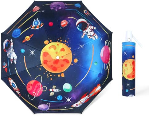 Regenschirm Kinder Mädchen mit Niedlichem Muster, Kinderschirm Reflektierend mit Schirmhülle & Auf-Zu-Automatik, Taschenschirm Winddicht Sturmfest für Jungen Leicht zu Transportieren-Weltraum Planet
