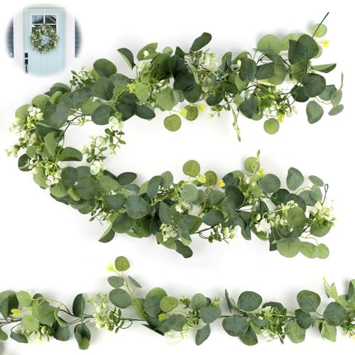 2 Piezas Guirnaldas Artificiales de Eucalipto con Hojas, Flores Blancas Enredaderas Artificiales Decorativas, Guirnalda de Eucalipto Sintética, Guirnalda Flores para Bodas, Fiestas, Mesas de Comedor