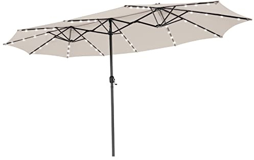COSTWAY 3.8m/4.5m Double-Sided Parasol, 12 Heavy-Duty Ribs Extra Large Sun Umbrella with 108/48 LED Lights & Crank Handle, Outdoor Twin Market Sunshade Shelter Canopy (Beige, 460 x 287 x 240cm)