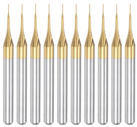 NISHZHU 10 Stück Titanbeschichtete Hartmetall-Schaftfräser, Gravurfräser, CNC-Fräser für Leiterplattenmaschinen, 1/8 Schaft 0,3 mm