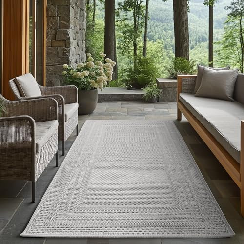 Carpetsale24 Outdoor Teppich Grau 80x150 cm Läufer, Wetterfest & UV-beständig, ideal für Küche, Balkon, Terrasse auch Wohnzimmer und Esszimmer, Einfarbiges Design mit Bordüre, Leicht zu Reinigen