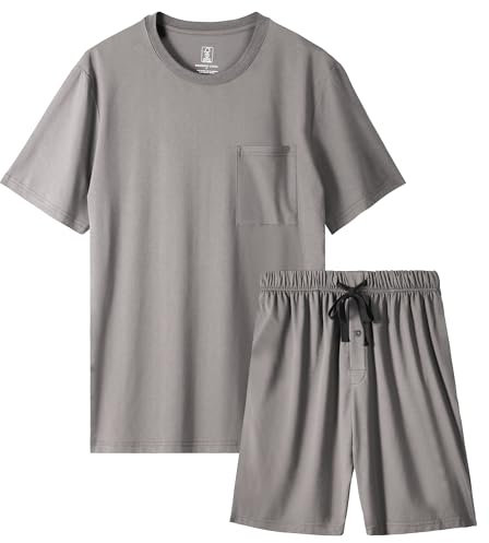 BAMBOO COOL Mens Pajama Set Summer Pjs Sleepwear Short Sleeve Shirts Soft Lightweight Sleep Sets with Pockets, Grey, L