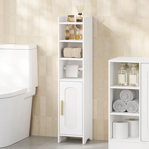 HEXCELEN Meuble de Salle de Bain, Support Papier Toilette, Meuble de Rangement avec Porte, Armoire de Salle de Bain Étroite, Armoire d’Angle avec Etagères Réglables, Moderne, 20 × 20 × 90 cm, Blanc