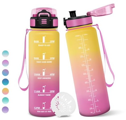 Botella Agua, 1000 ml Libre de BPA, Botella Agua Gimnasio, Con Marca de Tiempo, Botellas de Agua, Diseño de Cerradura a Prueba de Fugas, Botellas de Agua Para Niños para Deportes - Amarillo&Rosa