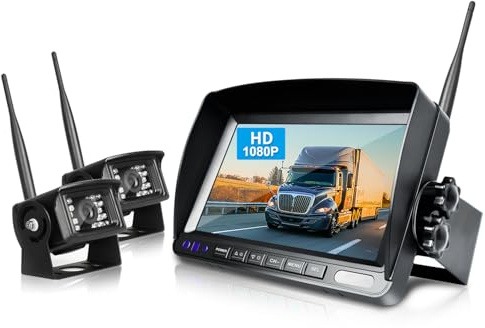 eRapta HD 1080P 7'' FHD Digital Wireless Reversing Camera Kit | LCD Monitor+ Dual Cameras,IP69 Waterproof Rear View Camera, Night Vision, for RV/Truck/Trailer/Van/Bus