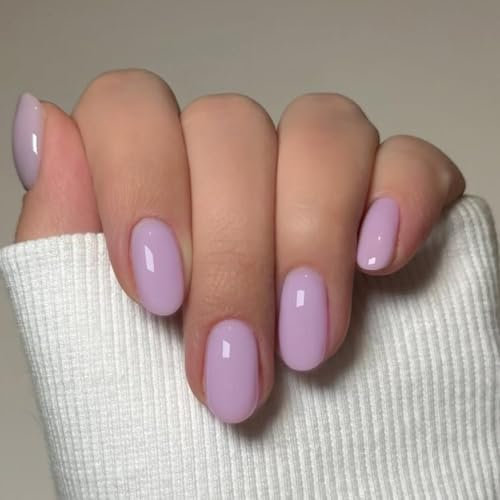 Lilac Press on Nails Short Oval, SXVME Solid Color Acrylic Fake Nail Short Round, Light Purple False Nail Press ons Handmade of Gel, Natural Full Cover Glue on Nails For Women Daily Wear 24Pcs
