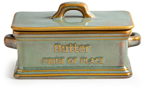 Butter Dish with Lid, Ceramic Butter Holder Container Large Butter Dish for Countertop Farmhouse Decor for Valentine's Day, Butter Keeper for East West Coast Butter, Green