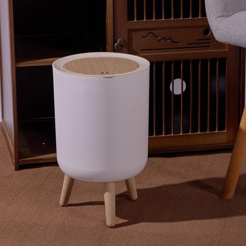 JETAINE Mini Trash Bin with Lid, 9 Liter Garbage Bin, Tall Round Trash Can | Modern White Waste Bin with Wooden Legs, Plastic Rubbish for Kitchen, Bathroom, Bedroom, Living Room, Office, Dog Proof