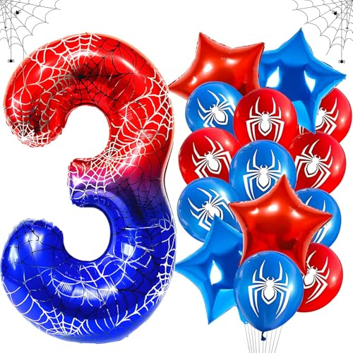 Spider Globos de Cumpleaños 3 Años, 15 Pcs Globos de Látex con Temática de Araña, Globos de Papel de Estrella, Globos de Helio de Estrella, Foil Globo Número 3 para Cumpleaños, Aniversario, Fiestas