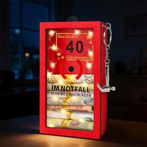 TUZELIYA LED Geldgeschenke 40. Geburtstag - 40 Geburtstag Frauen & Männer - Personalisierte Geschenke für Geld - Lustige Notfallbox Geschenke mit Hammer, goldene Schnur und Lichterkette