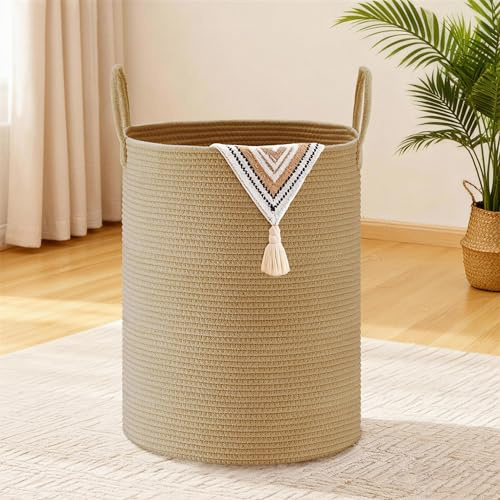 MYHOMMATTO 58L Wäschekorb Klein Geflochten mit Henkel Rund, Jute | Baumwollhenkel Aufbewahrungskorb Für Wäsche Decken Kissen Spielzeug Im Kinderzimmer Wohnzimmer Schlafzimmer Und Waschraum