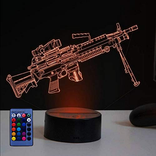 HPBN8 Ltd Kreative 3D Maschinengewehr Waffe Nacht Licht Lampe Fernbedienung USB-Kabel 7/16 Farben Optical Illusion 3D LED Lampe Formen Schlafzimmer Geburtstag Weihnachten Geschenke