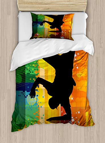 ABAKUHAUS Hiphop Bettbezugs Set für Einzelbetten, Breakdancer in Disco, Milbensicher Allergiker geeignet mit Kissenbezug, 130 x 200 cm, Schwarz Orange