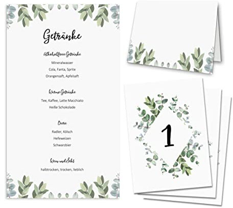 Tischdeko Hochzeit Set EUCALYPTUS (10 Tischnummern 50 Platzkarten 10 Menükarten)