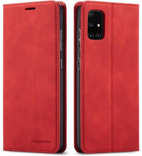 EYZUTAK Hülle für Samsung Galaxy A51 4G Case, Magnetverschluss Premium PU Leder Flip Case mit Kartenfächern Brieftasche Standfuntion stoßfeste Silikonhülle Retro Ledertasche - Rot