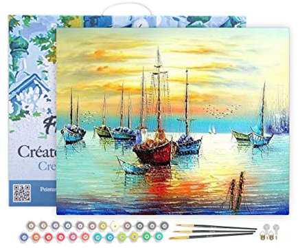 Figured'Art Peinture par Numéro Adulte avec Cadre Voiliers au Port - Activité Manuelle Kit de Loisir Créatif DIY Numéro d'art Complet - 40x50cm Toile tendue sur châssis