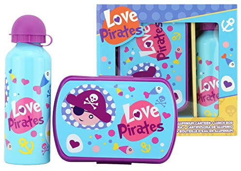 Kids Love Pirates Back to School - Fiambrera infantil con botella de agua para bebidas, lonchera hecha de plástico sin BPA, botella de aluminio de 500 ml, fácil de limpiar