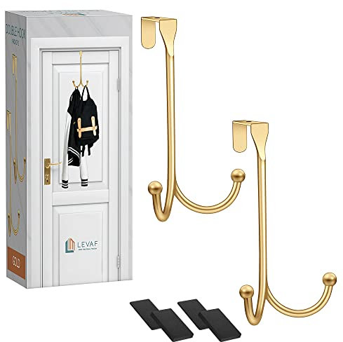 LEVAF 2-Pack Over The Door Hooks - with 2 Hang Heads & Snug Fit Pads Heavy Duty Hook for Hanging Coats, Towels, Caps & Wreath - Elegant Matt Finish - No Drill Hanger Organizer - Gold