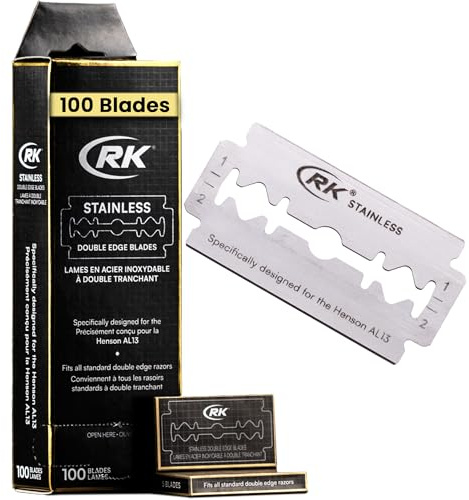 Henson Shaving RK Rasierklingen doppelschneidig, 100 Stk, AL13 & Ti22 | Premium-Edelstahl, korrosionsbeständig, gleichbleibend scharf. Sanftes Gleiten, weniger Irritationen, niedrige Rasurkosten.