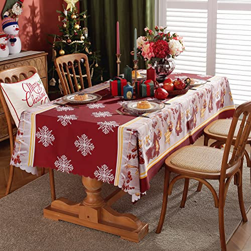 OWill Weihnachtstischdecke 150x220 cm,Abwaschbare & Fleckenschutz Tischdecke für Weihnachten,Festliche Tischdeko mit Schneeflocke Design in Rot,Ideal für Weihnachtsessen und Feiertage