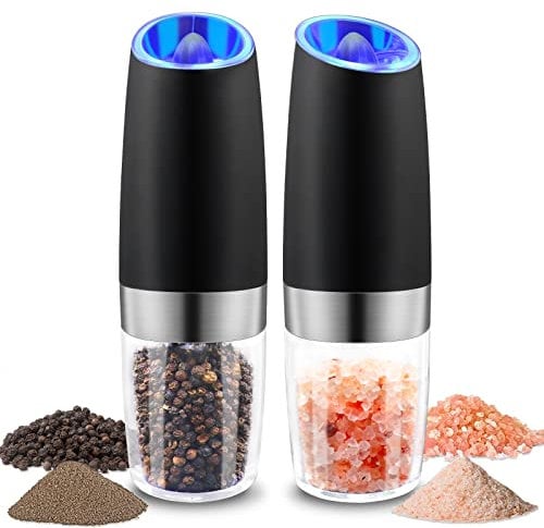 BESTORE Electric Salt and Pepper Grinder Set, Gravity Electric Pepper Grinder Battery Operated Automatic Salt Grinder with LED Blue Light Salt and Pepper Mill Set Adjustable Coarseness, 2pcs, Black