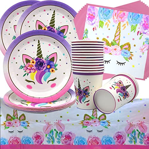 Doyomtoy 16 Guests thème licorne vaisselle de fête d'anniversaire, 49 pièces Cartoon Unicorn Birthday Party Supplies Tasses, Serviettes, Nappe, pour Unicorn Kids Birthday Party Deco Baby Shower