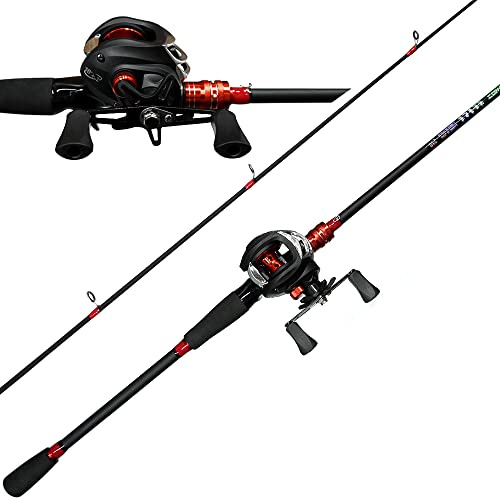 Kilitn Angelrute und Rolle Combo, Baitcasting Combo Baitcast Rolle, 2-teilig, langlebige, mit Glasfaser umwickelte Kohlefaserrute mit komfortablem Eva-Griff (Rechts, 2.1)