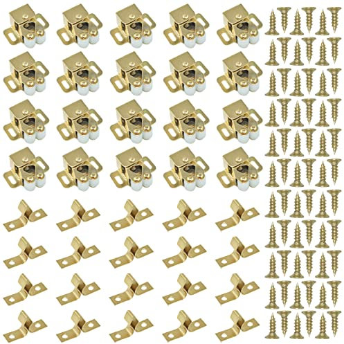 20Pack Double Roller Catch Door Latch Cold Rolled Steel Stay Put Smooth Close with Screws for Kitchen Close Cabinet Cupboard Closet Doors (Gold)