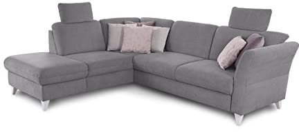 CAVADORE Schlafsofa Trend / Skandinavische Eckcouch mit Federkern, Bettfunktion, Stauraum in der Ottomane und 2 Kopfstützen / 249 x 86 x 162 / Chenille, Grau