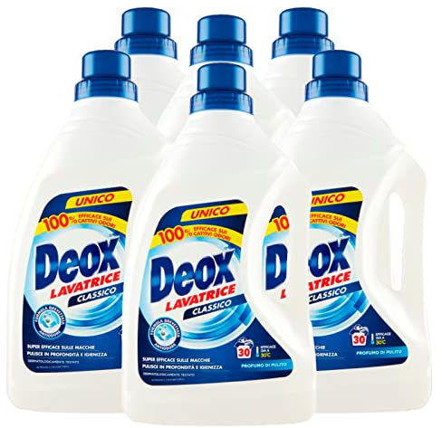 Deox - Detersivo Lavatrice Liquido Classico, Smacchia e Igienizza, con Formula Antiodore, 30 Lavaggi x 6 Confezioni