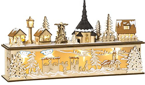 HOMCOM Casa de Pueblo Navideño con 10 Luces Escena Navideña Iluminado Decoración Navideña para Escritorio Mesa Chimeneas 45x10x25 cm Natural