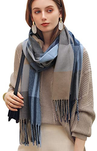 Baynetin Damen Winter Senior Plaid Kaschmir Schal,Kariert Pashmina Übergroßer Herbstschal Stolen,Tartan Schultertuch Mit Quasten,Karomuster Warmer Oversized Fransen Poncho (Grau Blau)